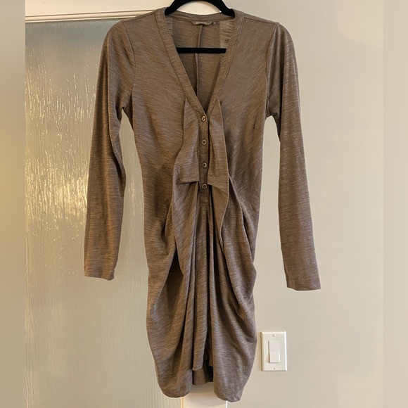 Sandwich, V-Neck Button Down Blouse, Tie Back, Taupe Beige, Size Small, EUC - Picture 2 of 5